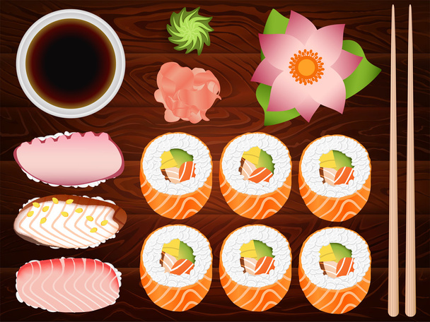 Sushi Roll Sashimi Set Soia Sause Ginger 11 - Vettoriali, immagini