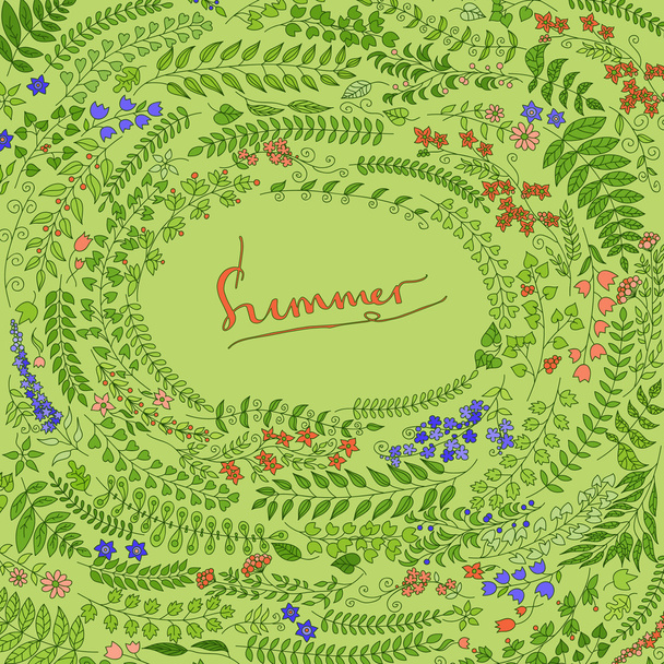 Floral card design, flowers and leaf doodle elements. Illustration made of flowers and herbs. Vector decorative invitation. Spring elements. Floral doodles - Διάνυσμα, εικόνα