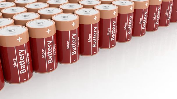Representación 3D de baterías colocadas en una fila, sobre fondo blanco con espacio de copia
 - Foto, Imagen