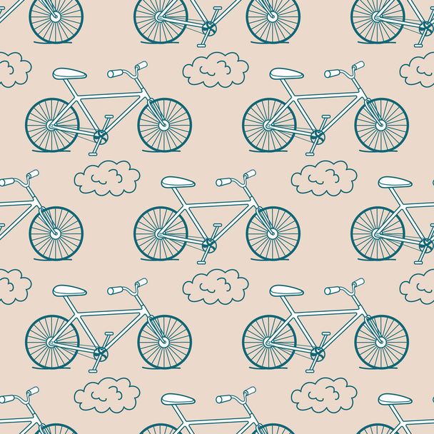 Cartoon style hand drawn bicycle and clouds seamless pattern - Vettoriali, immagini