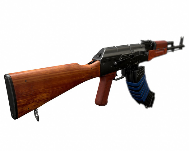 AKM támadás puska 3d ábrán látható fehér alapon. Kék szalag és két magazinok. Réz golyó. közelről részeinek puska. fa és fém - Fotó, kép