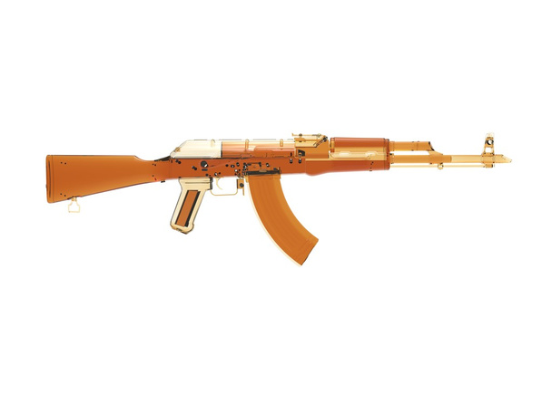 AKM Assault Rifle 3D ilustracji w kolorze. części metalowych. przezroczystym korpusie. konturów linii. w kolorze wojskowym. na białym tle - Zdjęcie, obraz