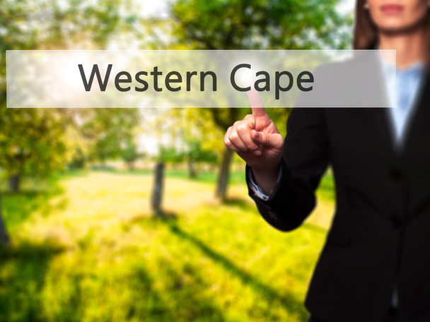 Cabo ocidental - Empresária mão pressionando botão na tela de toque
 - Foto, Imagem