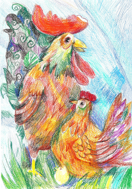 Illustrazione pasquale con gallo, pollo e uovo. Disegno cra
 - Foto, immagini