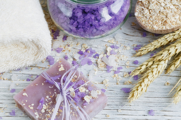 Natural handmade soap, sea salt, towel, oat flakes and wheat ear - 写真・画像