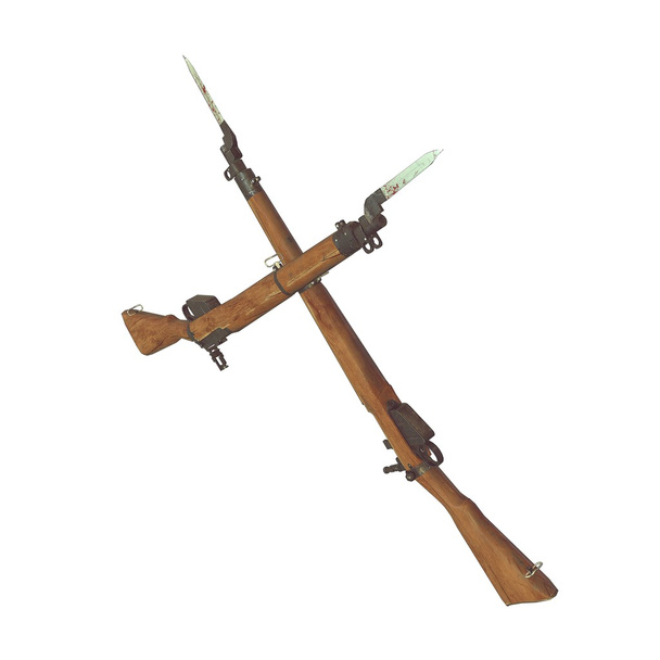 rifles antiguos ilustración 3D. armas cruzadas. pistolas de icono. barril de madera agrietada. cuchillo de bayoneta con sangre. fondo blanco
 - Foto, imagen