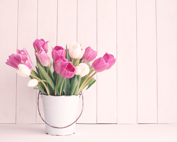 spring tulips in bucket - Foto, Bild