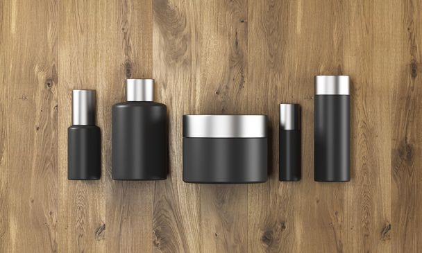 Row of black cream boxes of different shapes. Wooden background. Concept of cosmetics. Mock up. 3D rendering - Photo, Image
