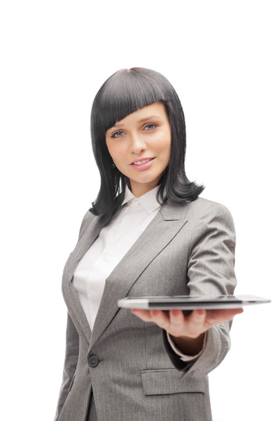 Business woman holding tablet computer isolated on white backgro - Fotó, kép