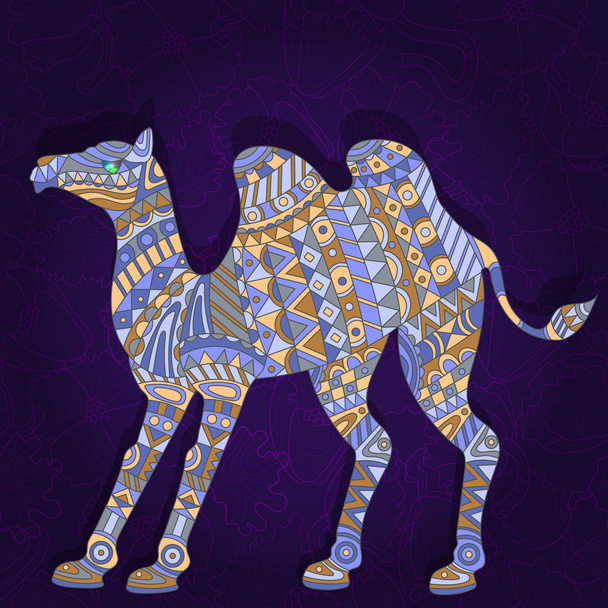 Illustration in ethnic style with a picture of a camel on a dark floral background - Vector, Imagen