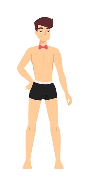 Muscular sexy young aesthetics naked smiling stripteaser boy posing in underwear and red tie character vector. - Vector, Image