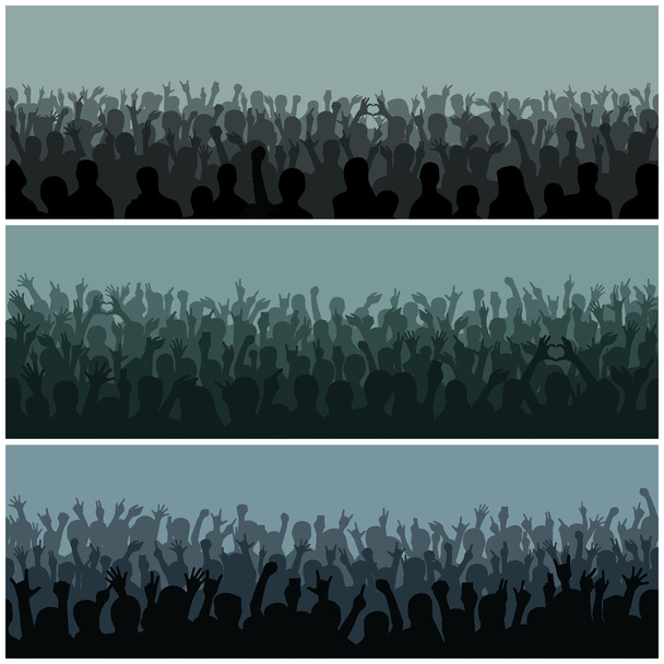 Audience with hands silhouette raised music festival and concert streaming down from above stage vector. - Vector, Image