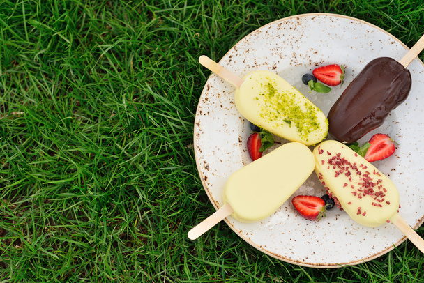 plate of ice cream on the grass. Glazed colorful popsicle. Summe - Photo, Image