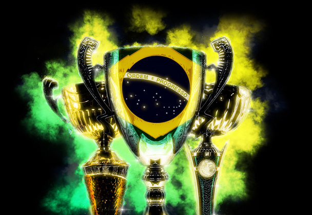 Trophy cup textured with flag of Brazil. Digital illustration - Photo, Image