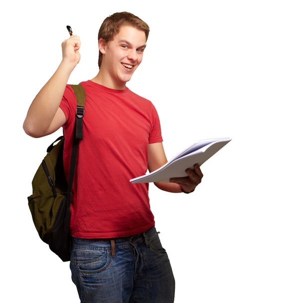 портрет красивого студента с блокнотом и ручкой на белом
 - Фото, изображение