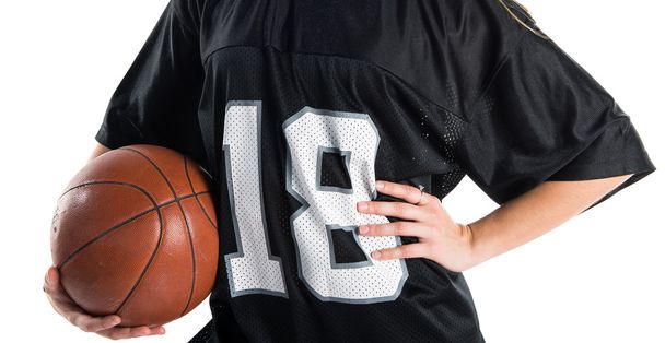 Blonde pretty woman playing basketball - Photo, Image