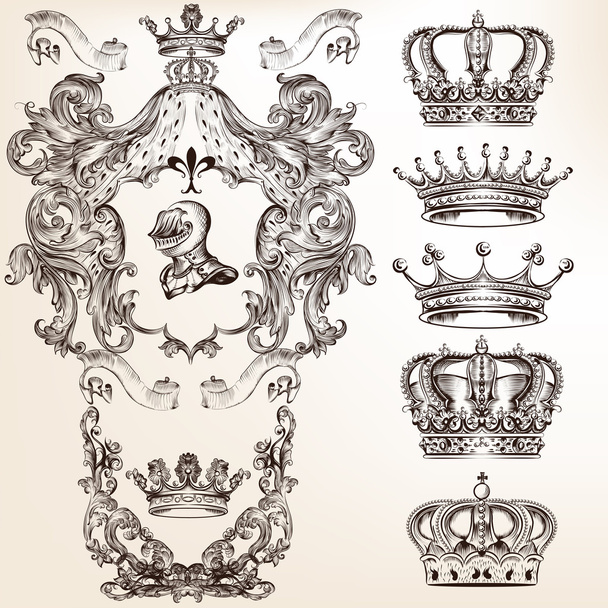 Vector set of crowns and detailed shields for your heraldic desi - Вектор,изображение