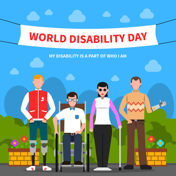 Persone con disabilità Supporto Poster piatto
  - Vettoriali, immagini
