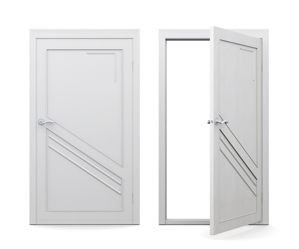 Nyitott és zárt fehér ajtó elszigetelt fehér background. 3D rend - Fotó, kép