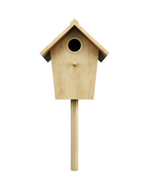 Casa de pássaro de madeira em um pólo isolado em um fundo branco. Fron...
 - Foto, Imagem