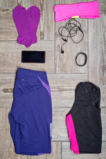 Flat lay shot of womans sport accessories - Photo, Image