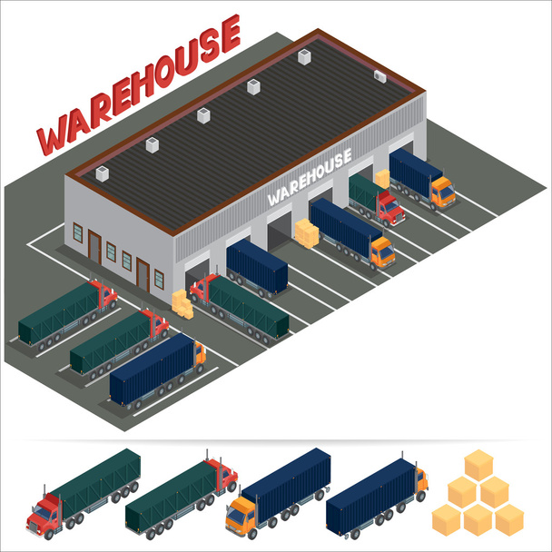 Isometric Warehouse. Storehouse Building. Cargo Industry. Delivery Business. Cargo Transportation. Commercial Truck. Vector Illustration - Vector, Image
