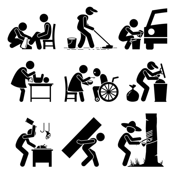 Pomocné práce - čištění bot, školník, mytí aut, hlídání, péče o seniory, Garbage Collector, řezník, tvrdé práce a gumové Tapper - panáček piktogram ikony - Vektor, obrázek