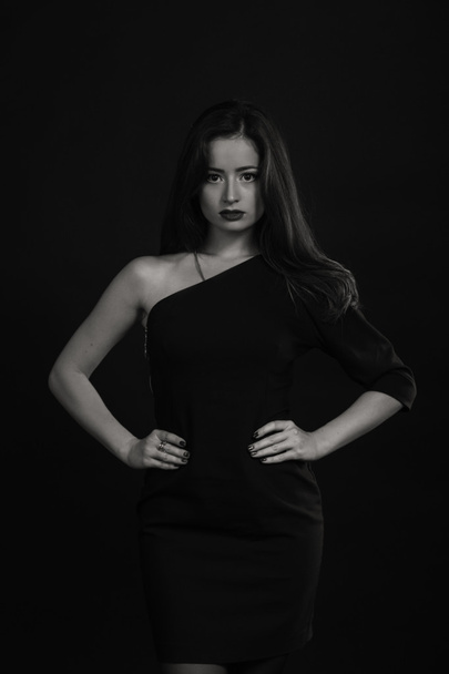Beautiful romantic image of a girl i. Beautiful brunette in a stylish dress on a dark background. Professional makeup and jewelry design. Photo for fashion magazines, posters and websites. - 写真・画像