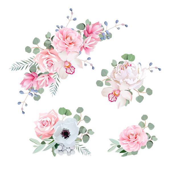 Sweet wedding bouquets of rose, peony, orchid, anemone, camellia - Vector, Imagen