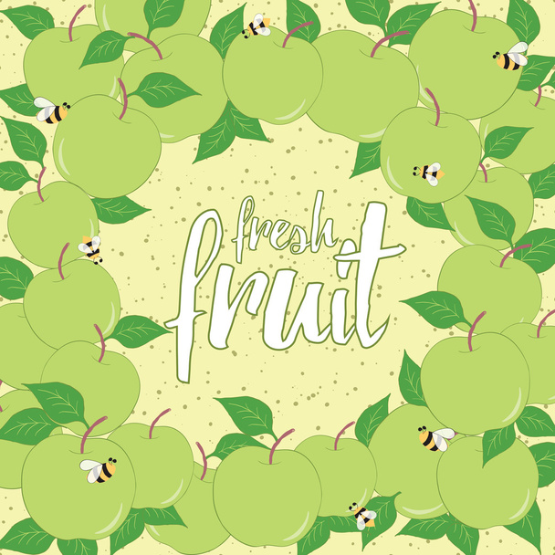 Round hand drawn frame for fresh fruit card. Background with green apples. Place for text. - Vektor, kép