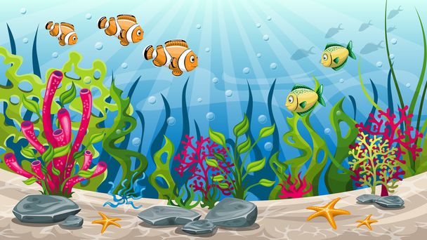 Illustration der Unterwasserlandschaft mit Fischen und Steinen - Vektor, Bild