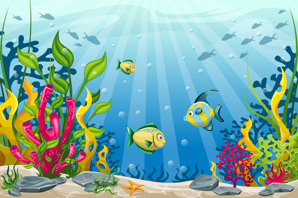 Illustration of underwater landscape with fish and stones - Vector, Imagen