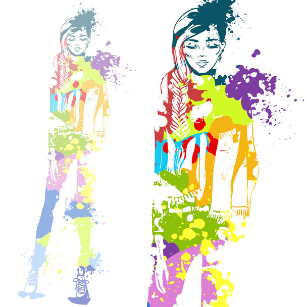 trendy look girl with color splashes - Vector, Image