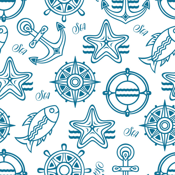 Marine pattern. Seamless. Sea background. Nautical pattern. Sea shell. Sea life. Marine icon. Marine background. Nautical background. Nautical icon. Sea icon. Sea pattern.  - Vector, Image