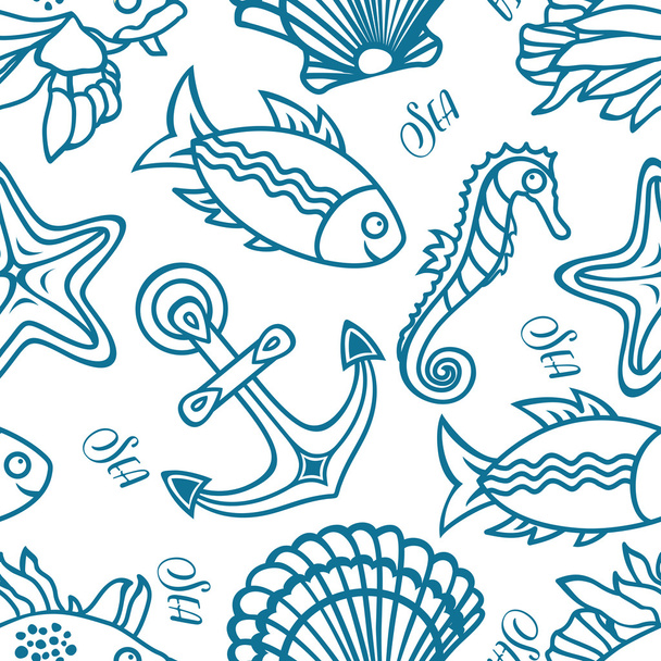 Marine pattern. Seamless. Sea background. Nautical pattern. Sea shell. Sea life. Marine icon. Marine background. Nautical background. Nautical icon. Sea icon. Sea pattern.  - Vector, Image