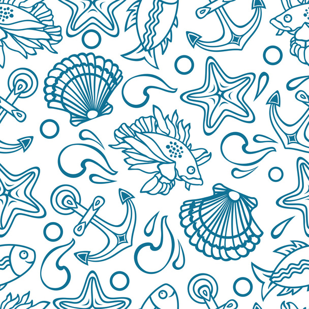 Marine pattern. Seamless. Sea background. Nautical pattern. Sea shell. Sea life. Marine icon. Marine background. Nautical background. Nautical icon. Sea icon. Sea pattern.  - Vektör, Görsel