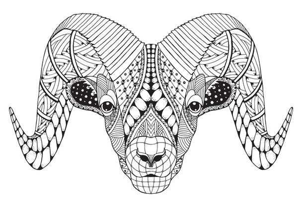 Bighorn montanha rochosa macho carneiro pé zentangle estilizado, ilustração vetorial, lápis à mão livre, desenhado à mão, padrão. Sinais do zodíaco aries
. - Vetor, Imagem