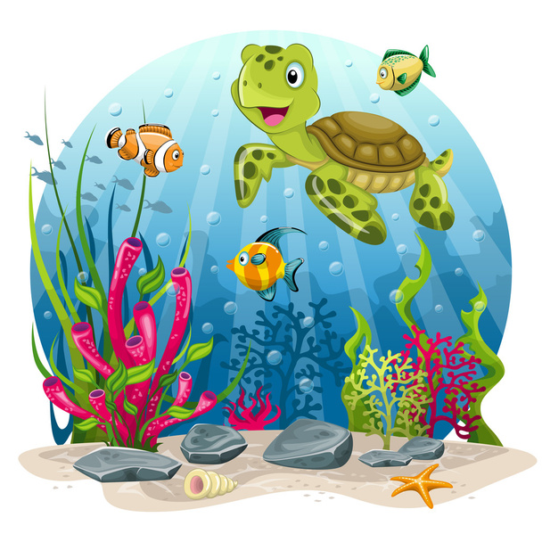 Turtle and fish in the sea - Vektor, kép