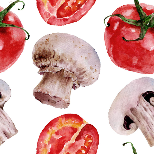 Seamless pattern with tomatoes, champignon, mushrooms. Watercolor   illustration. - Фото, изображение