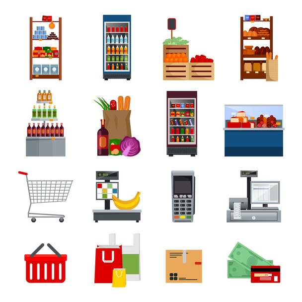 Szupermarket dekoratív lapos ikonok beállítása - Vektor, kép