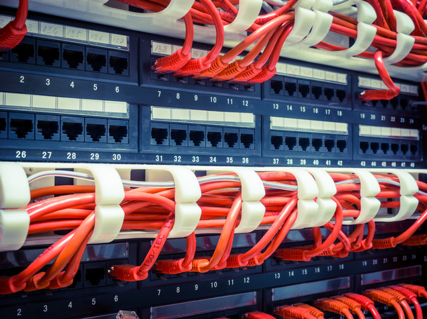 Geçiş yapmak için bağlı olan kırmızı ağ kabloları yakın çekim - Fotoğraf, Görsel
