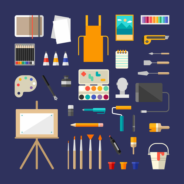 Set of Vector Icons and Illustrations in Flat Style. Painting Tools and Appliances. Painter Concept. People Profession and Hobbie - Vector, Image