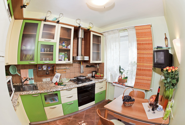 Green Kitchen interior with many utensil - Fotoğraf, Görsel