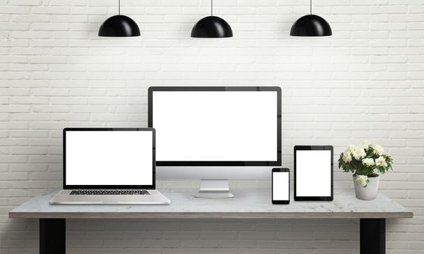 Devices on desk with isolated screen for mockup - Fotó, kép