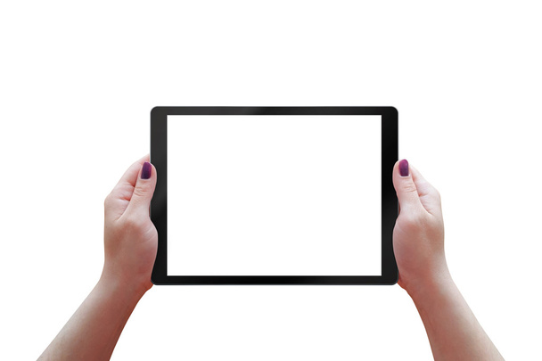 Tableta con pantalla blanca en manos de mujer. Comprimido aislado, horizontal, posición
.  - Foto, Imagen