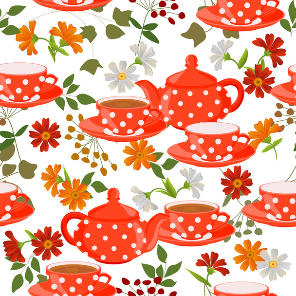 nahtloses Muster mit Teekannen, Tassen und Heilpflanzen. - Vektor, Bild