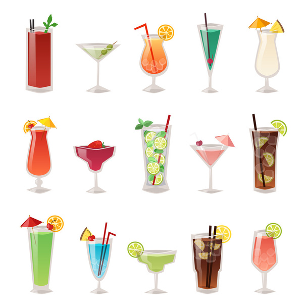 Set of different alcohol drink bottle and glasses vector illustration. - Vector, imagen