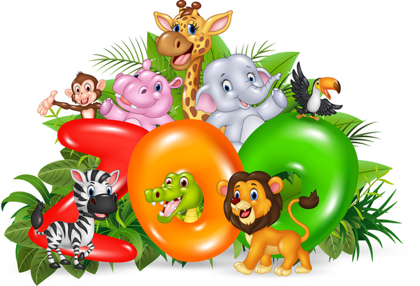 Ilustración de Word zoo con dibujos animados animales salvajes
 - Vector, Imagen