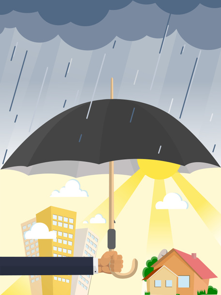 käsi sateenvarjo suojaa rakennuksia sateelta
 - Valokuva, kuva