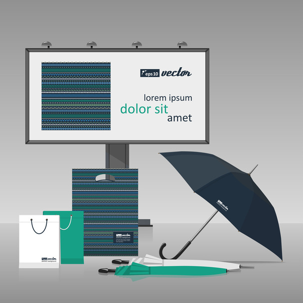 Een reclamebord, een paraplu, pakketten. - Vector, afbeelding